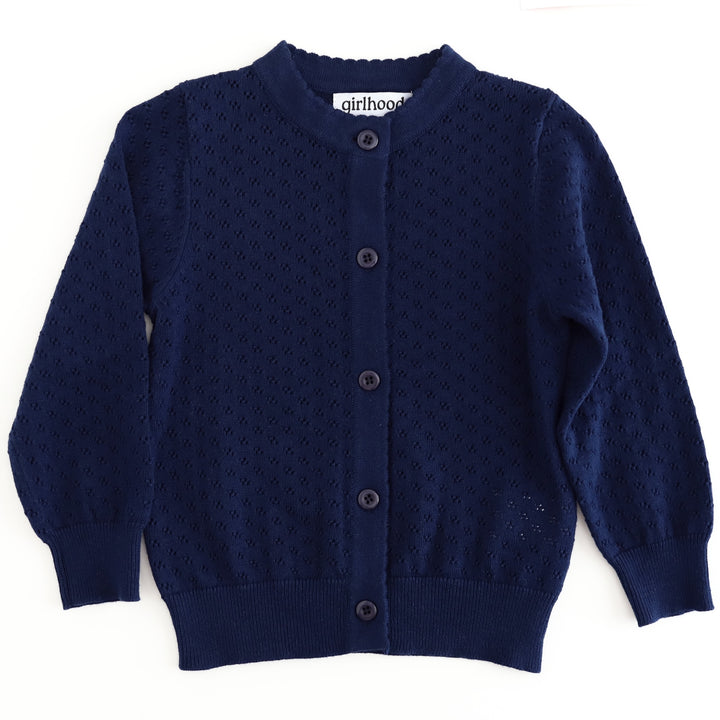 girls' navy blue pointelle knit cardigan with scalloped trim and button front for school 