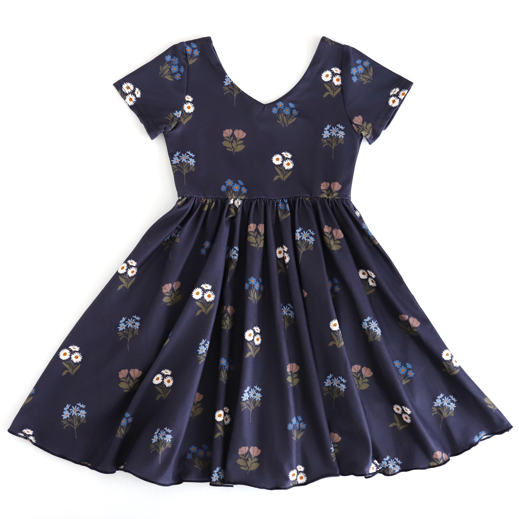 girls' navy blue v-neck twirl dress with floral bouquet print for fall