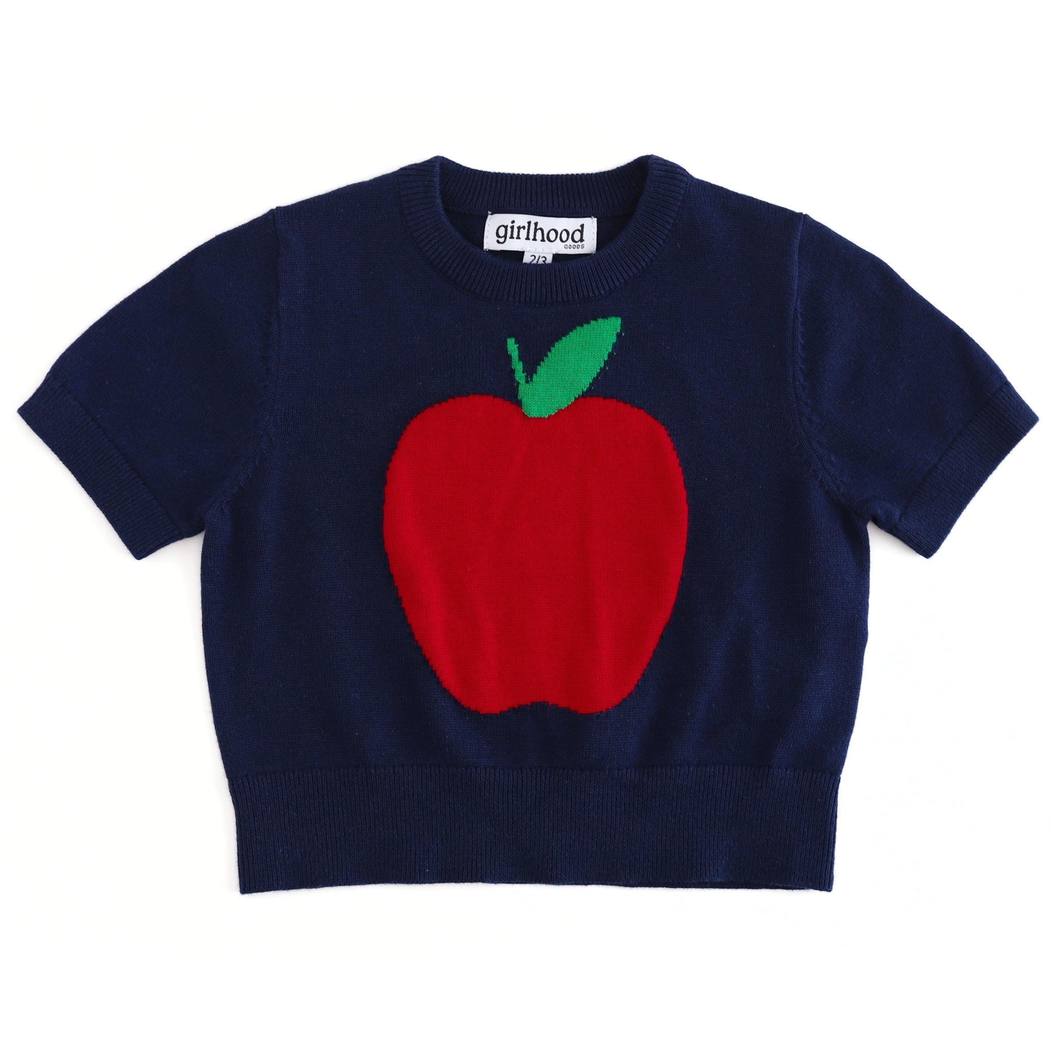 girls' short sleeve navy knit sweater with red apple design for school and apple picking season