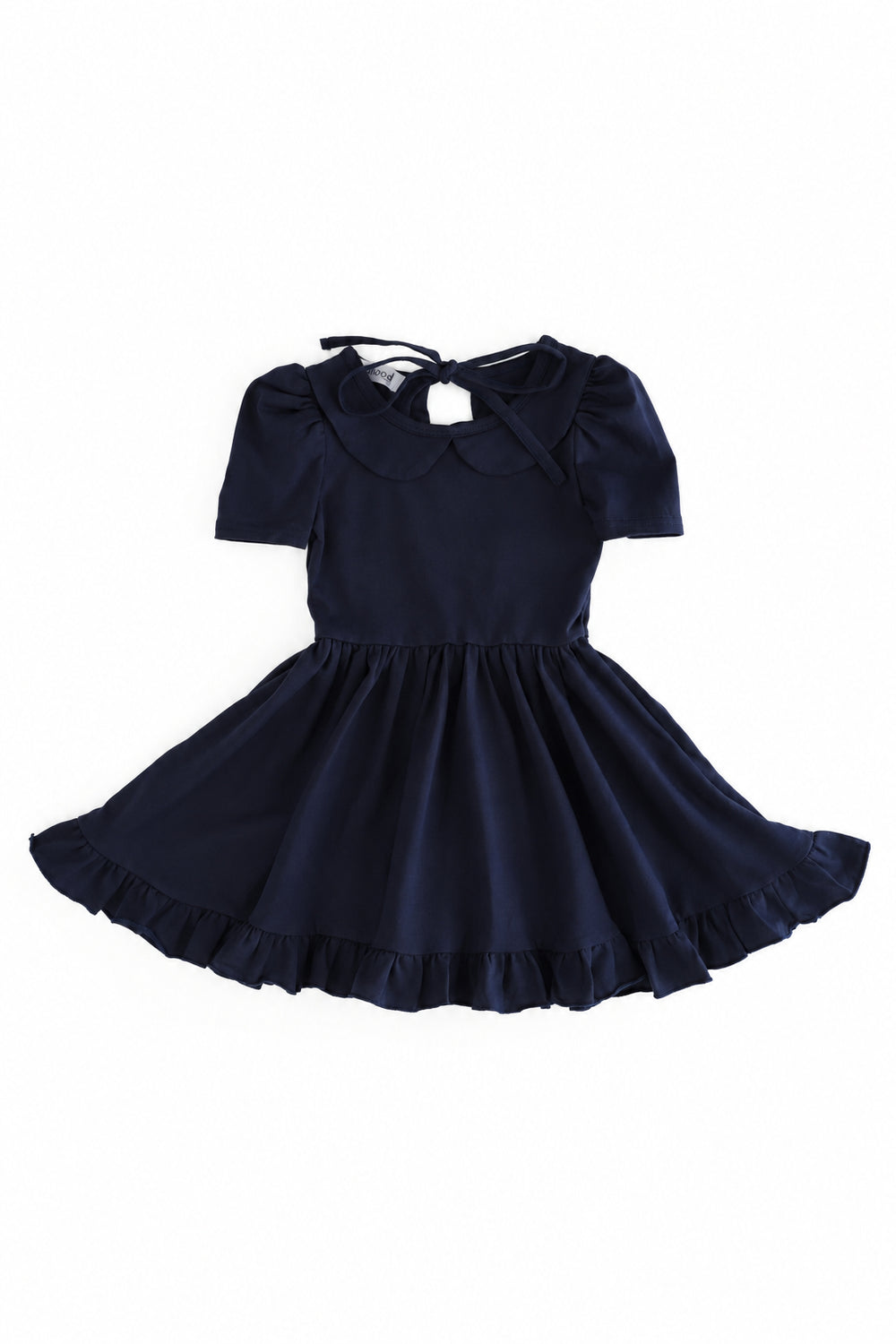 girls' navy blue cotton blend, short sleeve, collared twirl dress with ruffled hem for school uniform