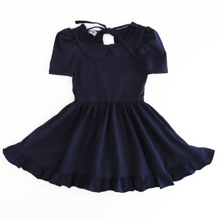 girls' navy blue cotton blend, short sleeve, collared twirl dress with ruffled hem for school uniform