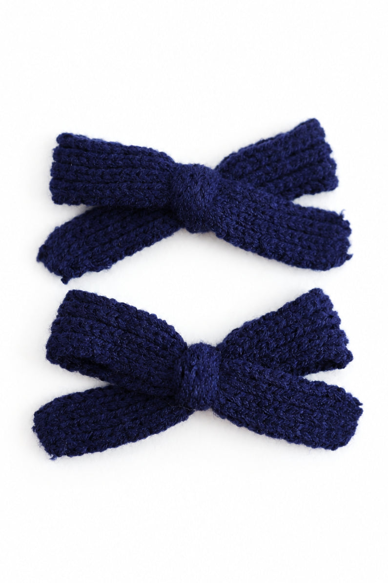 girls' navy blue yarn knit pigtail bows on clips to match school uniform