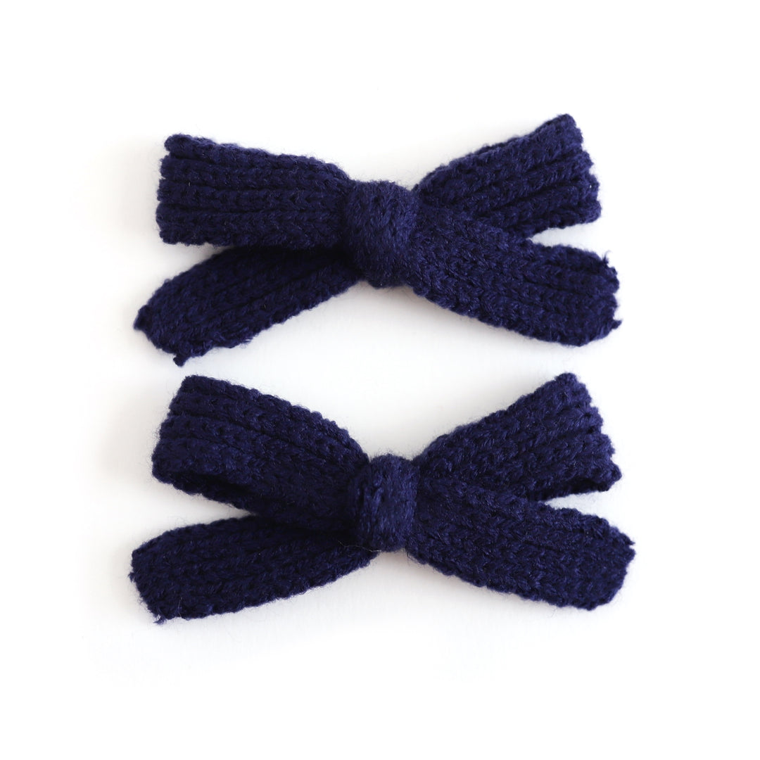 girls' navy blue yarn knit pigtail bows on clips to match school uniform