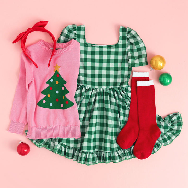 girls christmas outfit gingham dress and tree sweater with matching accessories