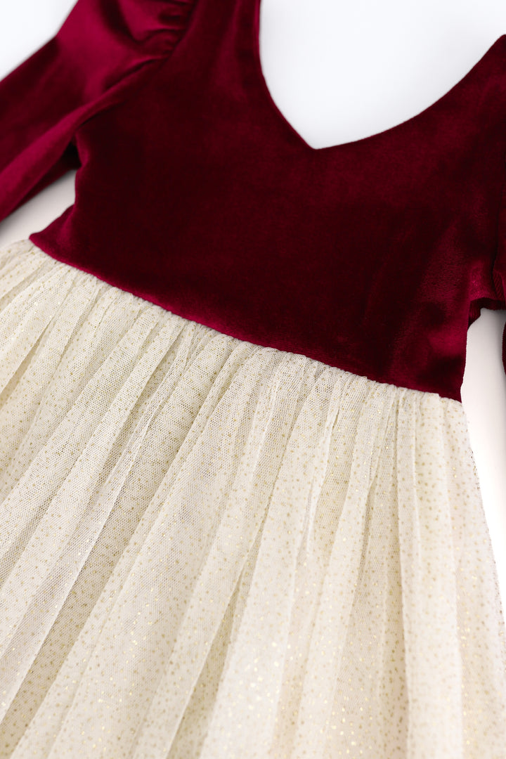 close detail image of girls crimson and vanilla christmas tutu dress with sparkly gold tulle skirt