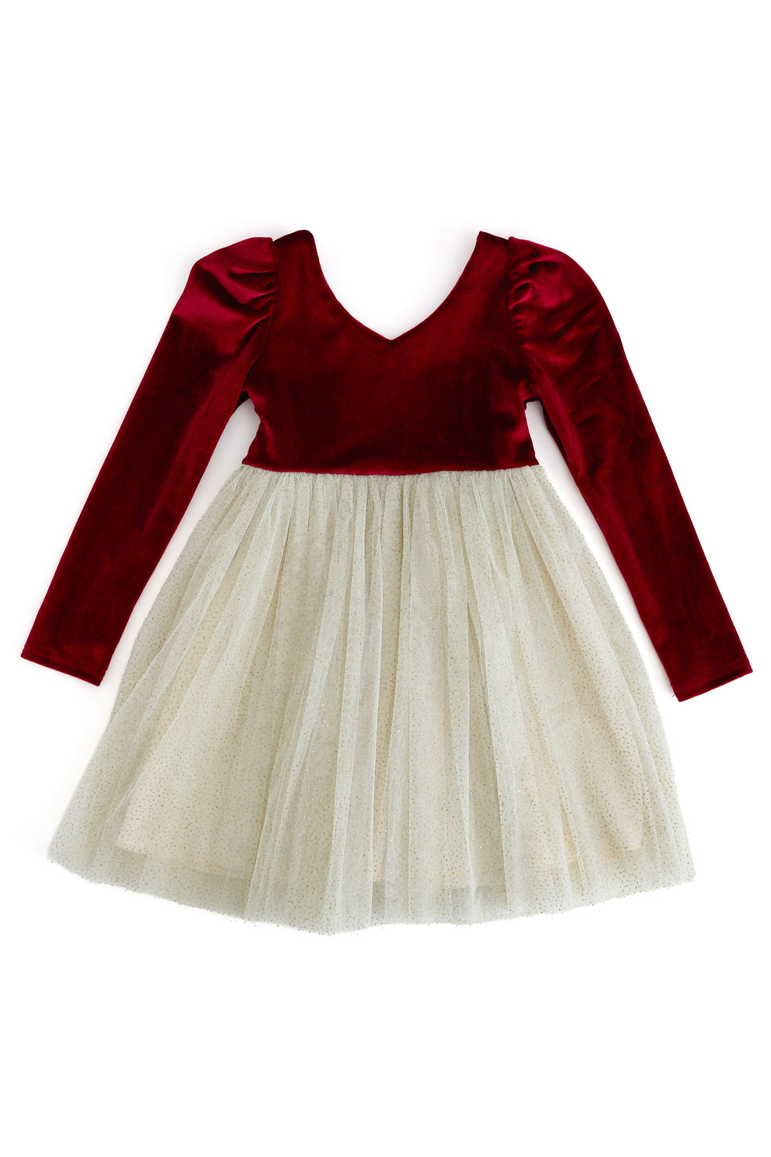 girls crimson and vanilla christmas tutu dress with sparkly gold skirt on a white background
