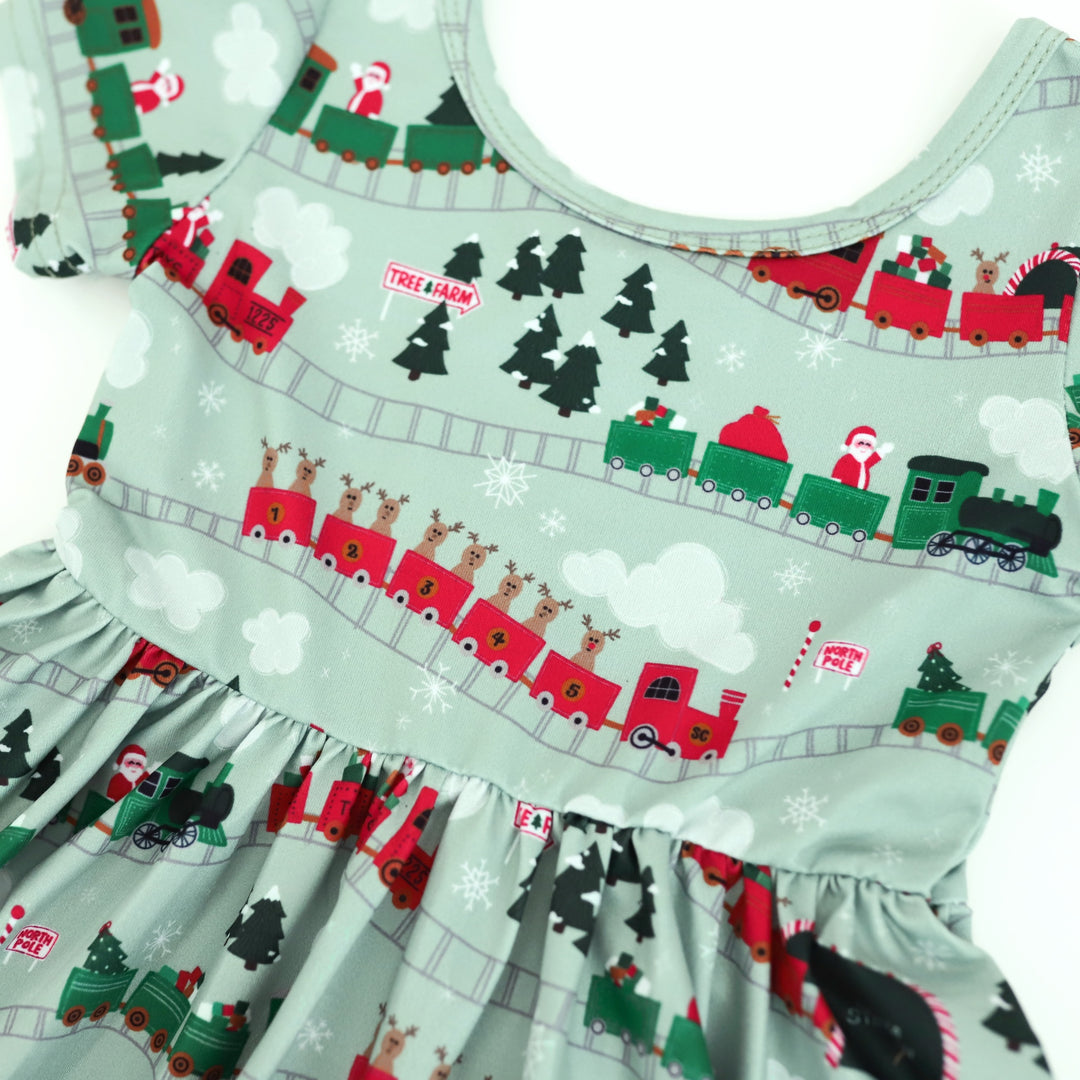 christmas train print twirl dress for little girls