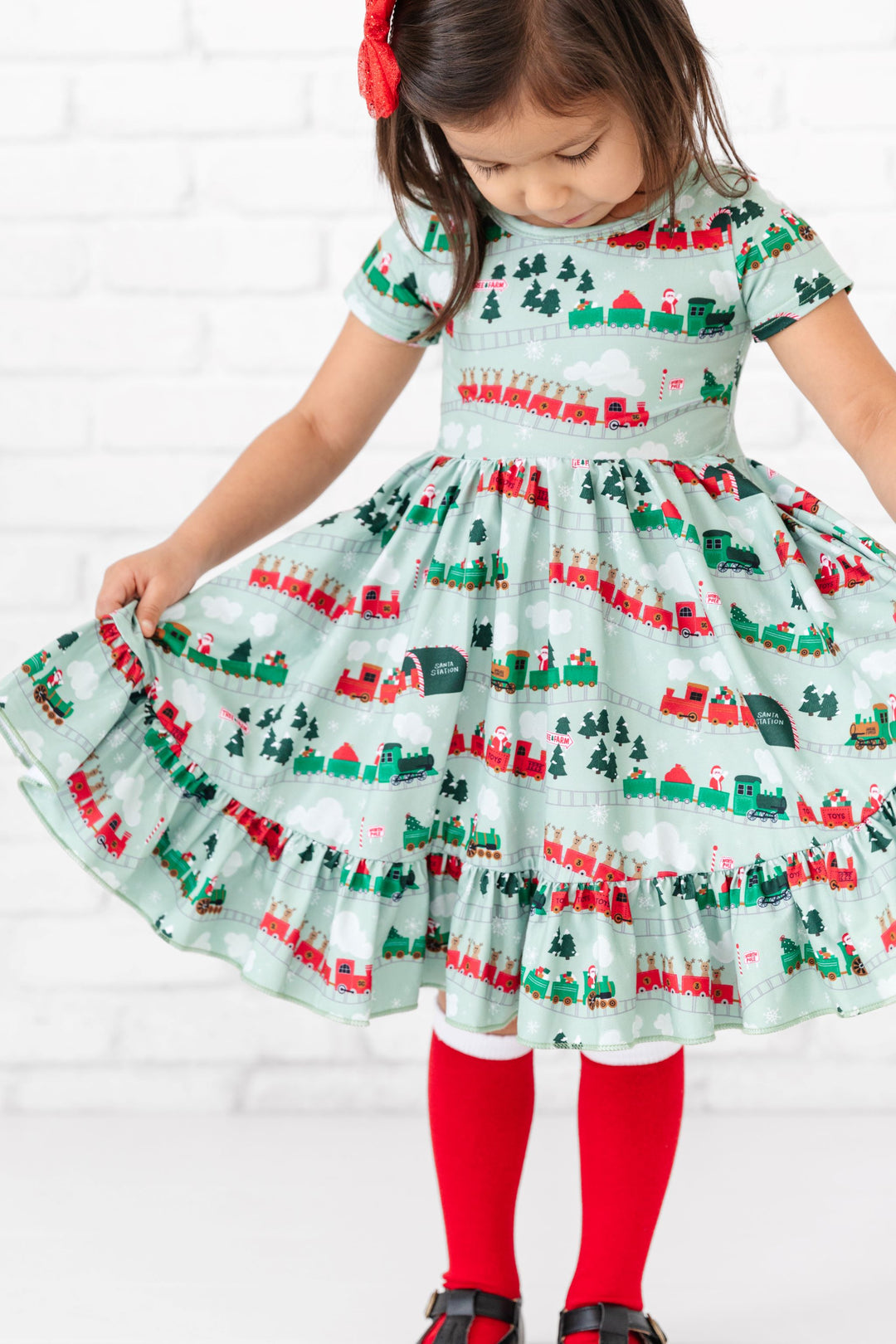 girls christmas trains dress with santa