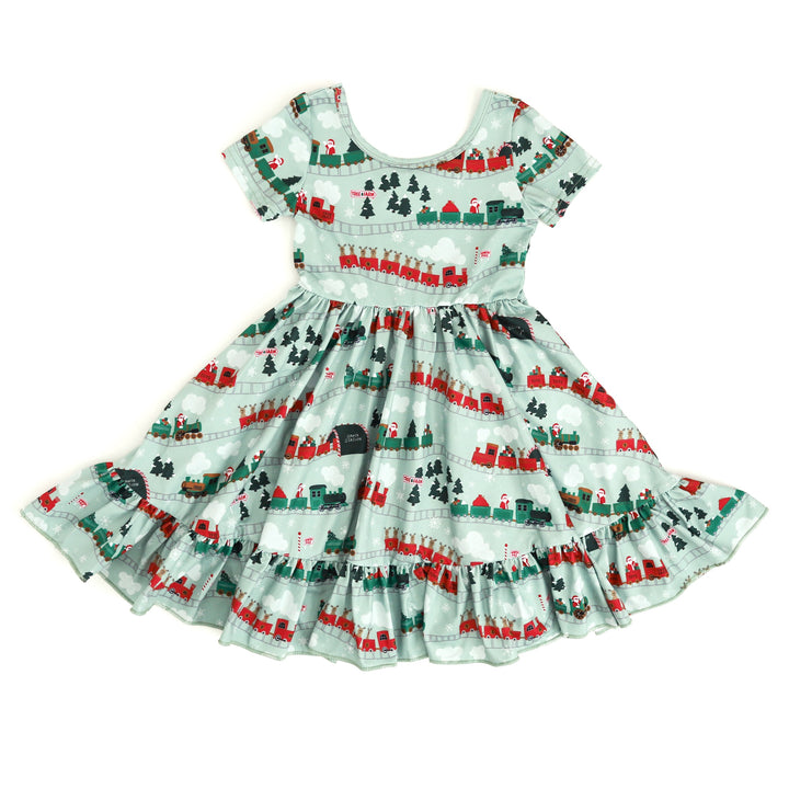 girls christmas trains dress mint and red