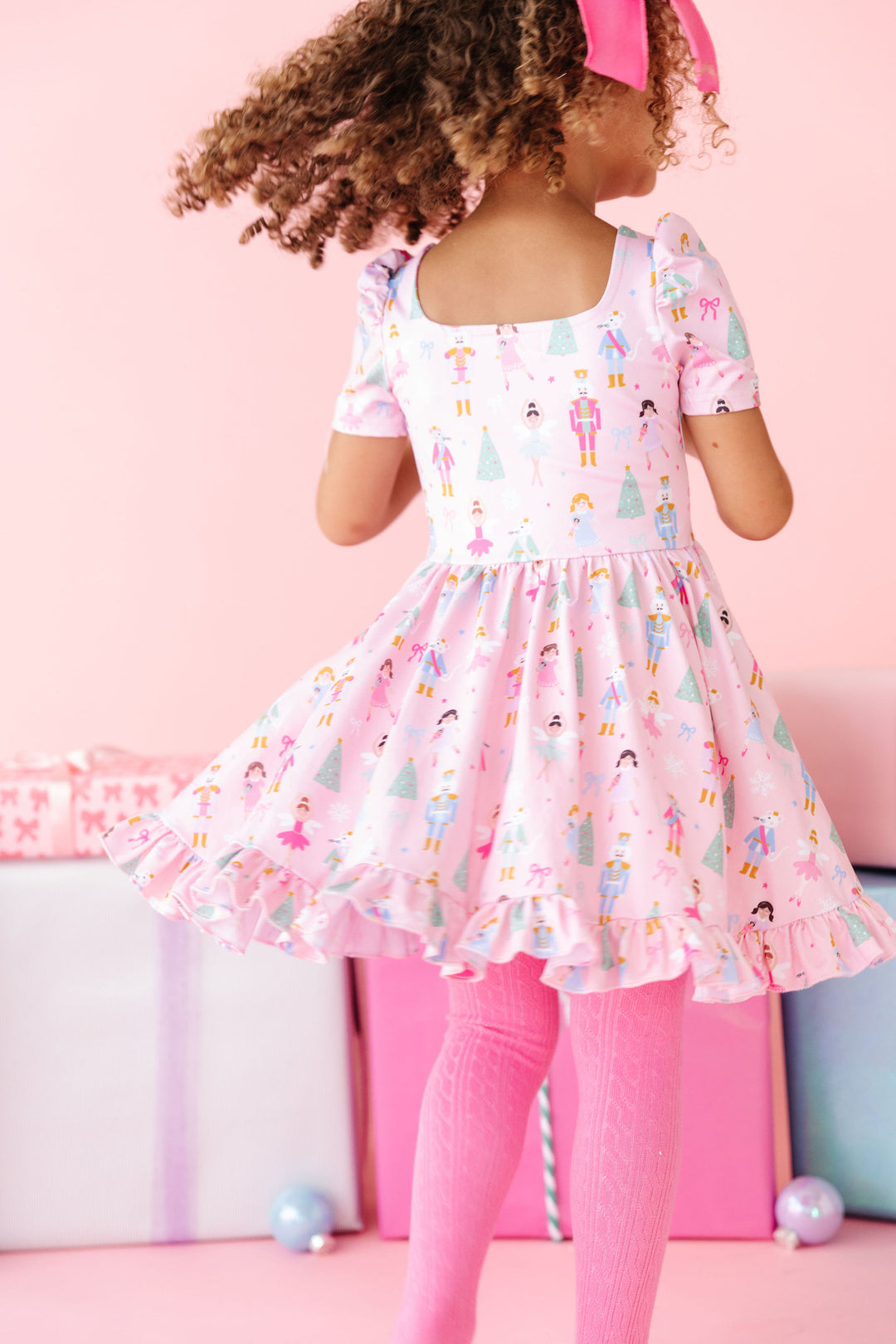 girls nutcracker print twirl dress with matching pink tights