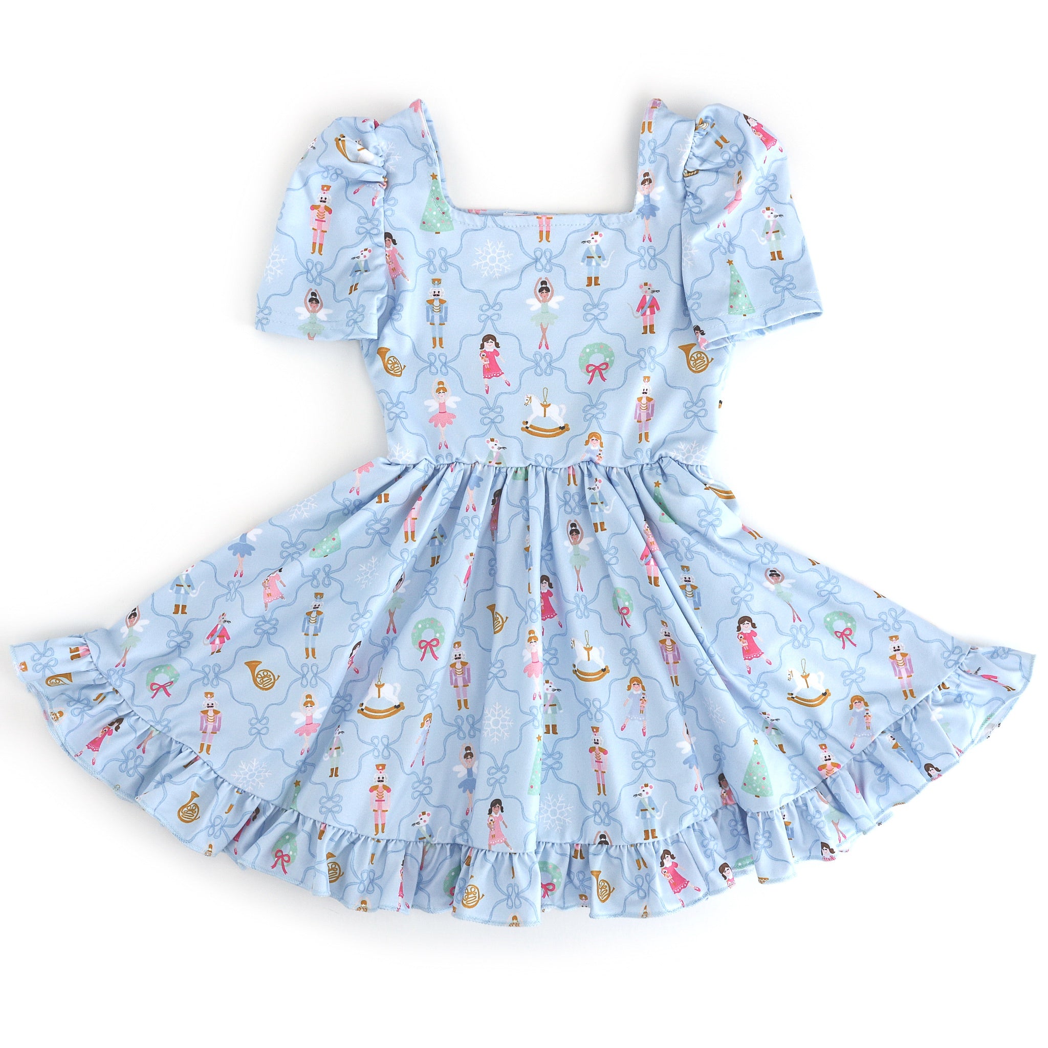 girls' light blue short sleeve twirl dress with Nutcracker inspired print for Christmas