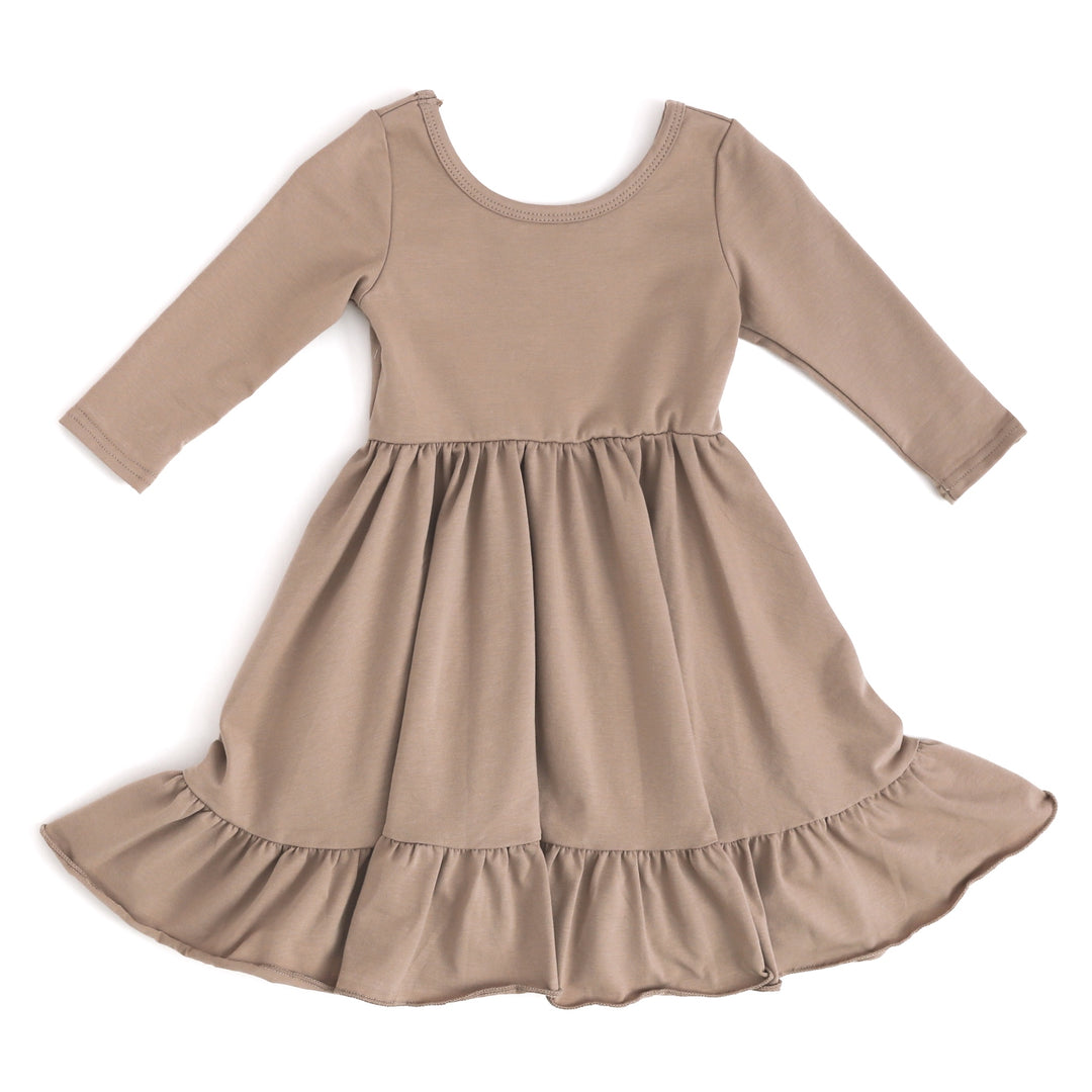 little girls tan long sleeve cotton party dress with side pockets and ruffle hem