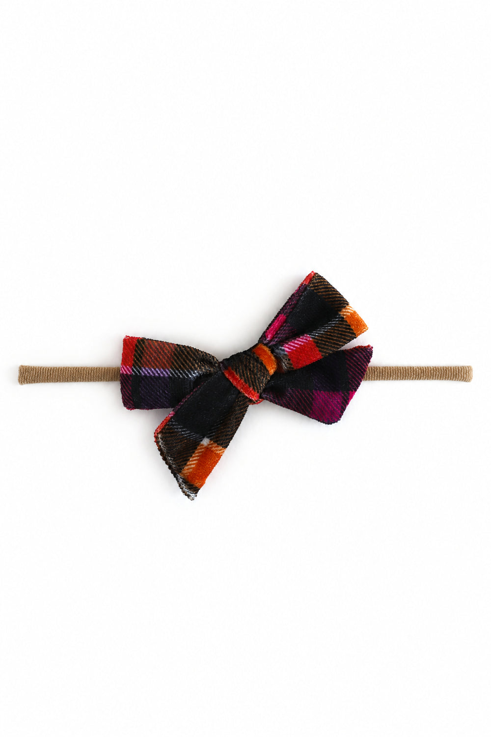 baby girl's velvet plaid headband in orange, black and pink shades for Halloween on stretchy nylon headband