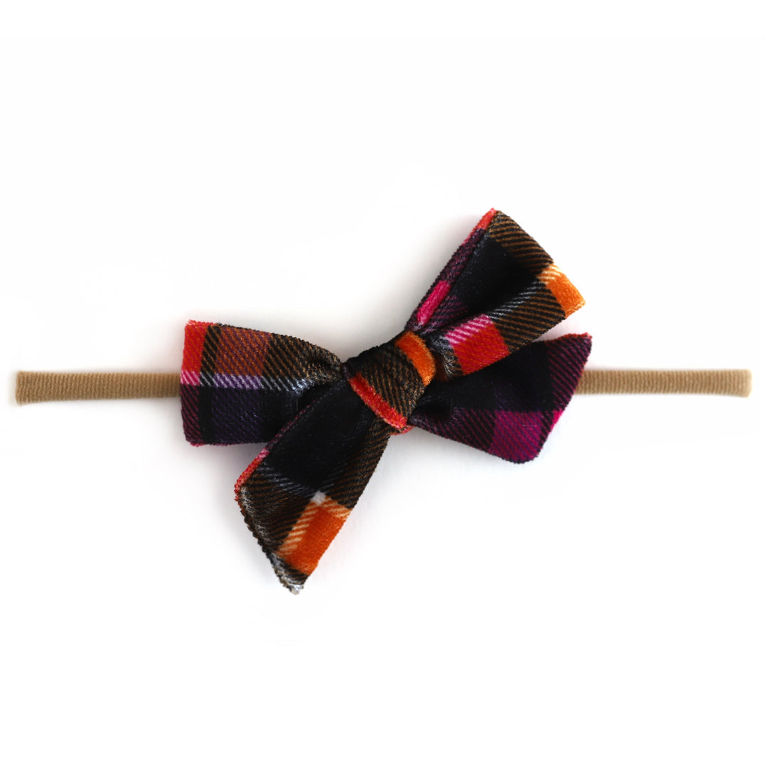 baby girl's velvet plaid headband in orange, black and pink shades for Halloween on stretchy nylon headband