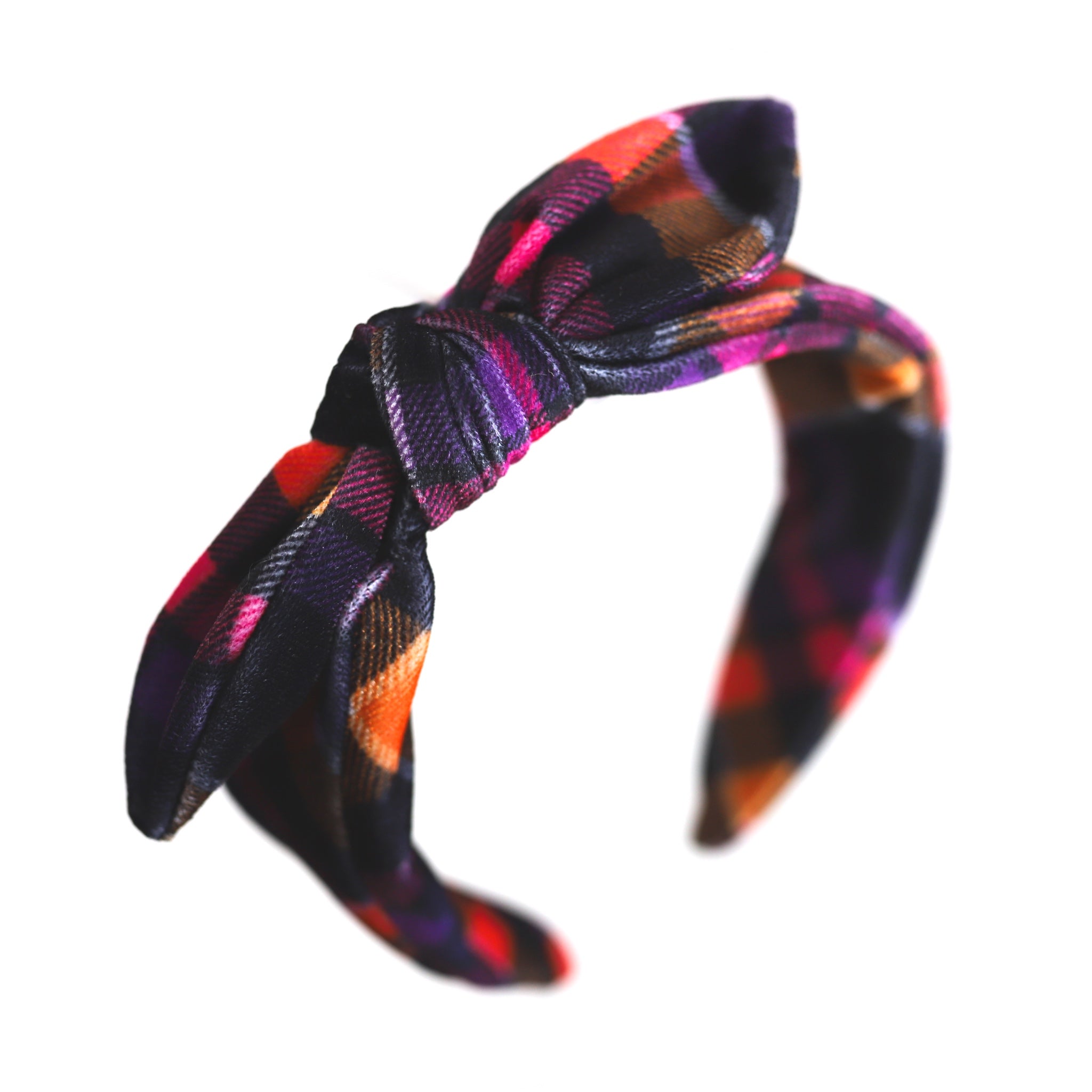 girl's velvet headband in Halloween plaid print with knotted bow detail
