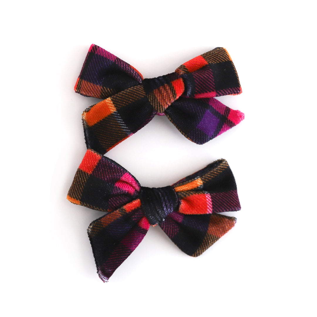 girl's velvet pigtail bows on clips in black, orange, purple and pink plaid to match Halloween collection