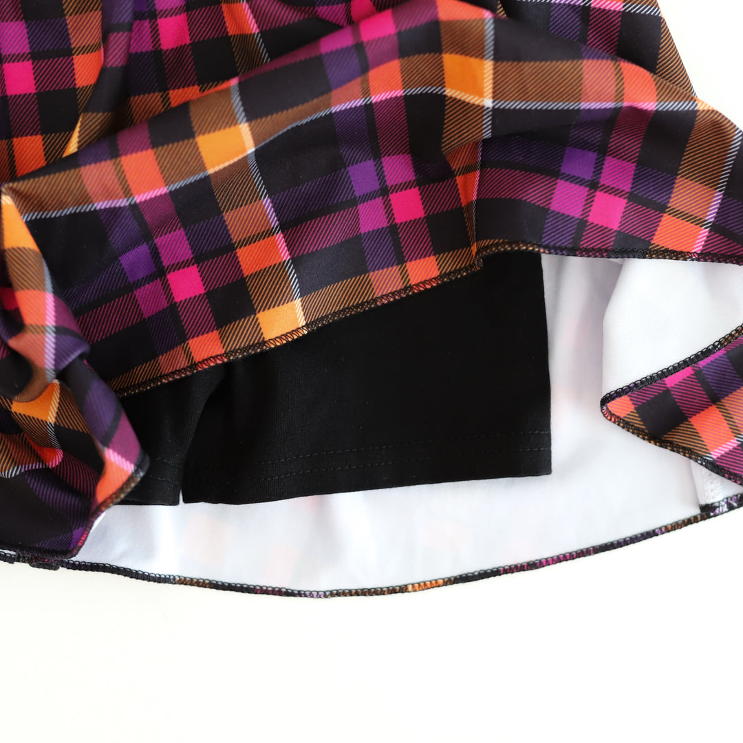 close-up of black built in shorts for Halloween plaid skort