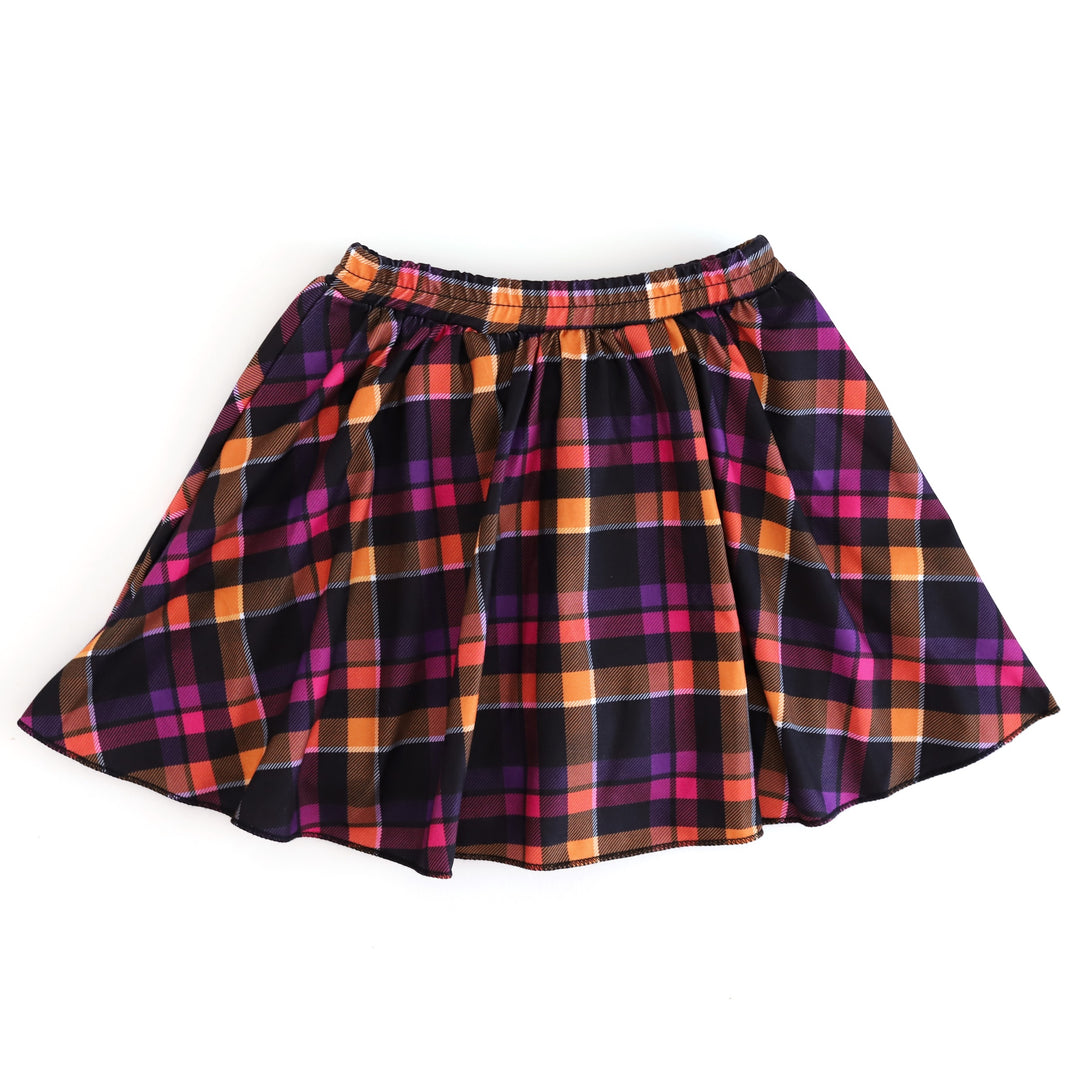 girl's twirly plaid skort in orange, black, purple and bright pink for Halloween mix and match