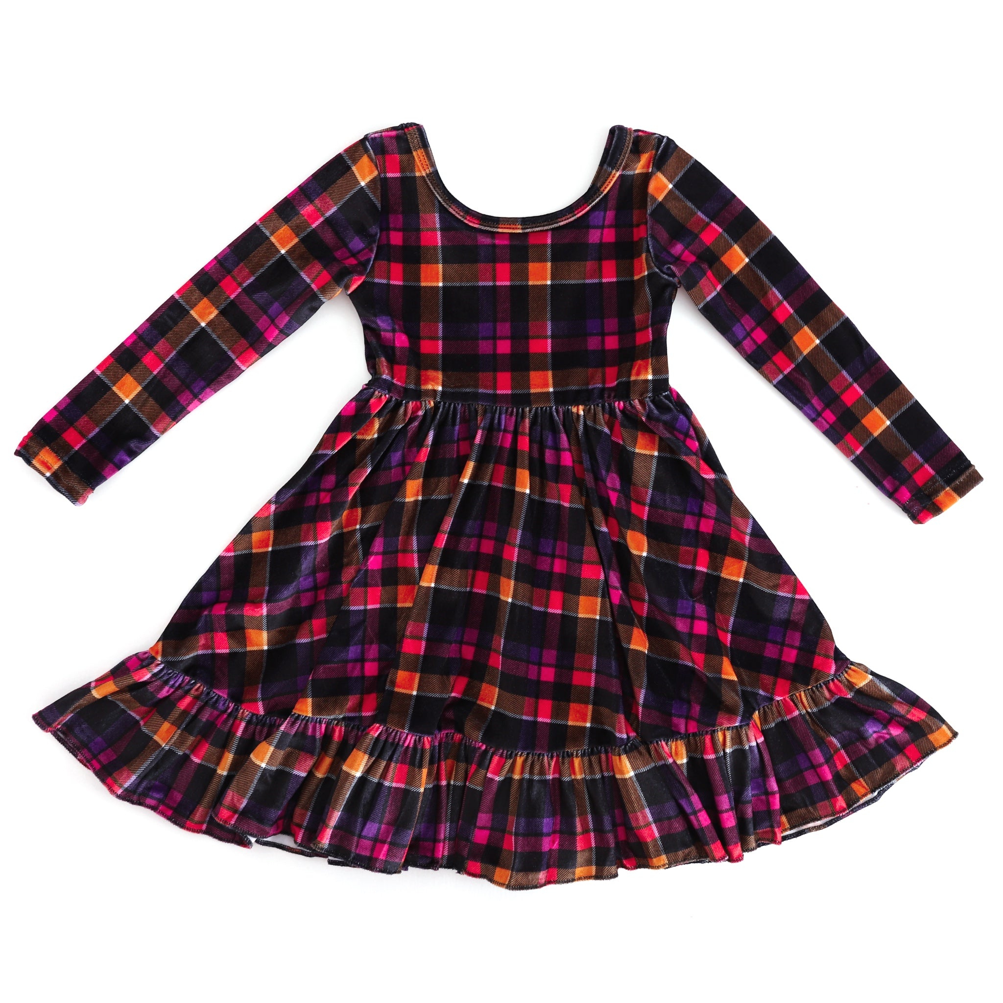 girls' long sleeve, ruffle hem velvet charm dress in plaid with Halloween color palette