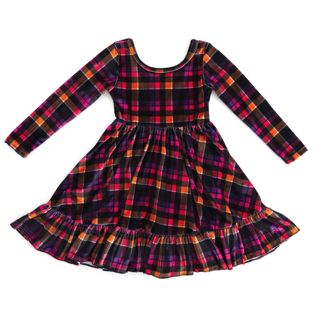 girls' long sleeve, ruffle hem velvet charm dress in plaid with Halloween color palette