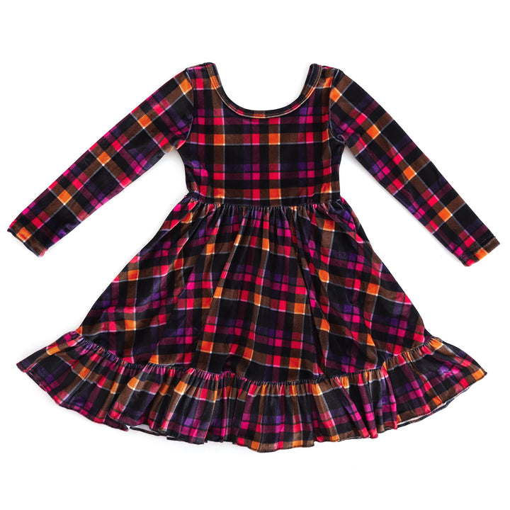 girls' long sleeve, ruffle hem velvet charm dress in plaid with Halloween color palette