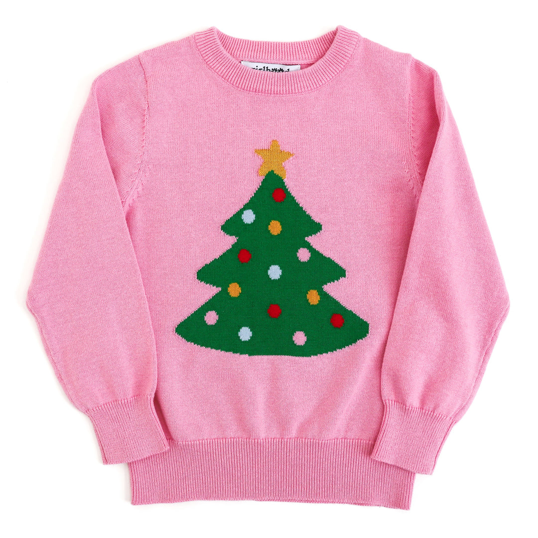 pink pullover sweater with green christmas tree and yellow star for girls