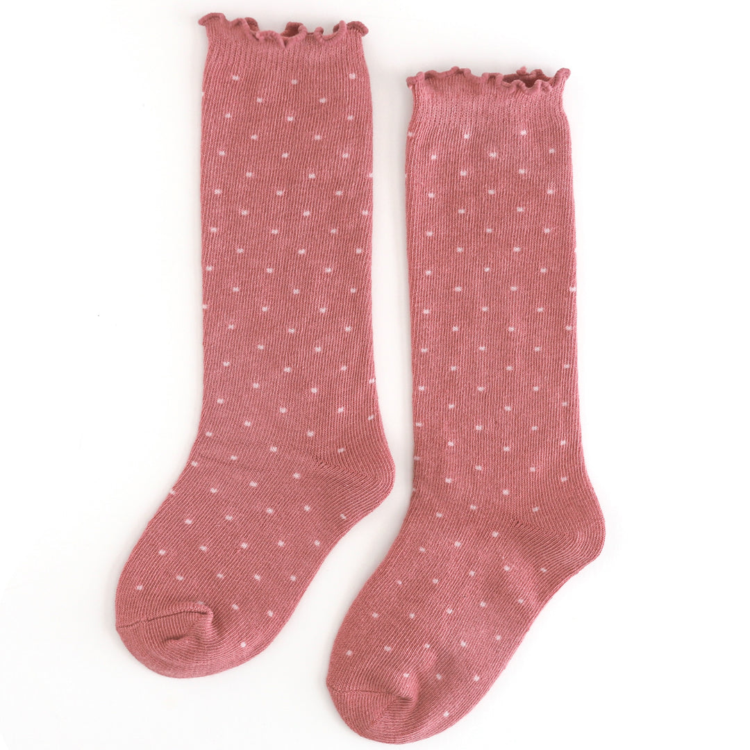 girls' mauve lettuce trim knee socks with ivory dots for fall