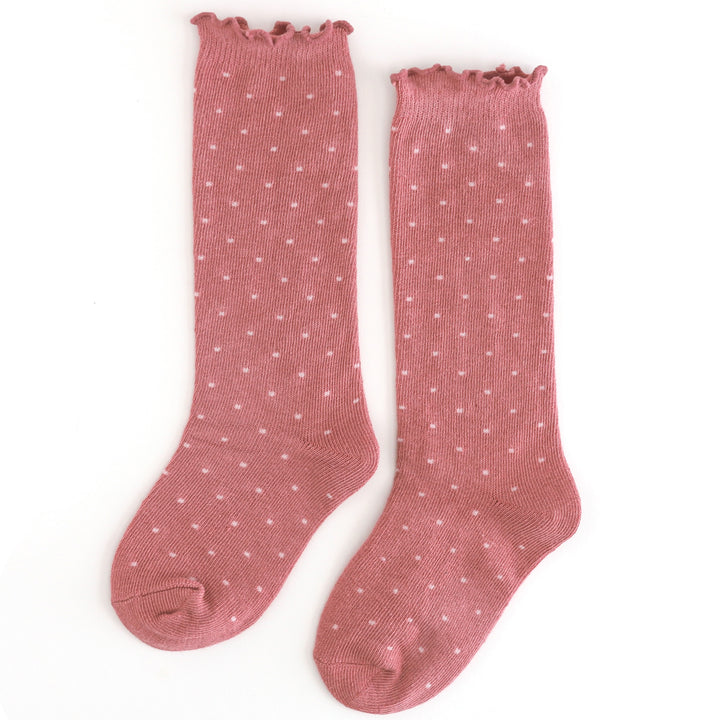 girls' mauve lettuce trim knee socks with ivory dots for fall