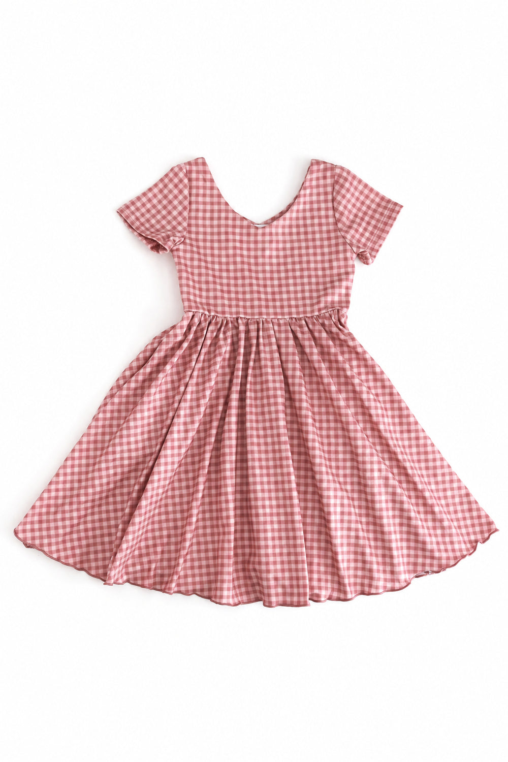 girls v-neck short sleeve twirl dress with lettuce trim in shades of fall pink 