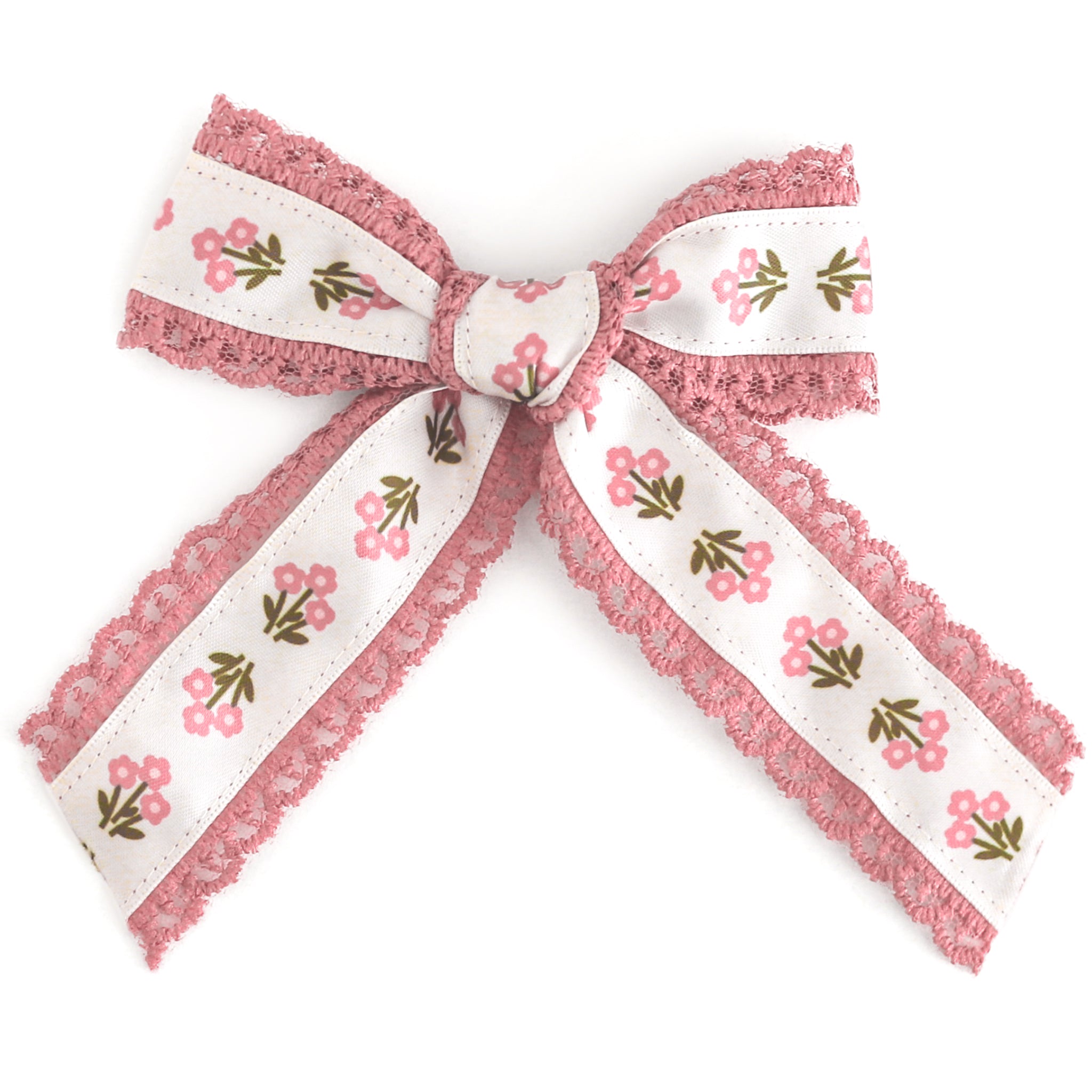 girls cream posie print hair bow with pink lace trim