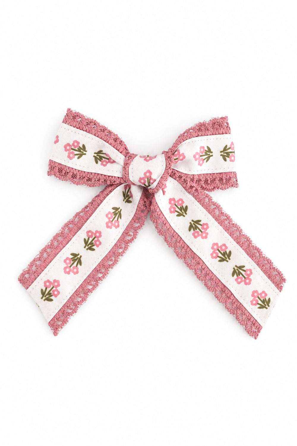 girls cream posie print hair bow with pink lace trim