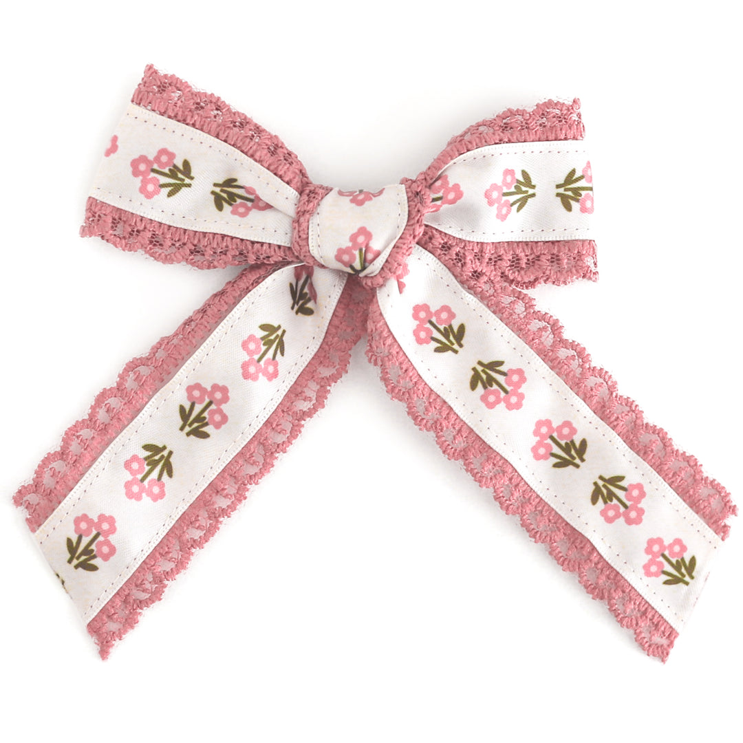 girls cream posie print hair bow with pink lace trim