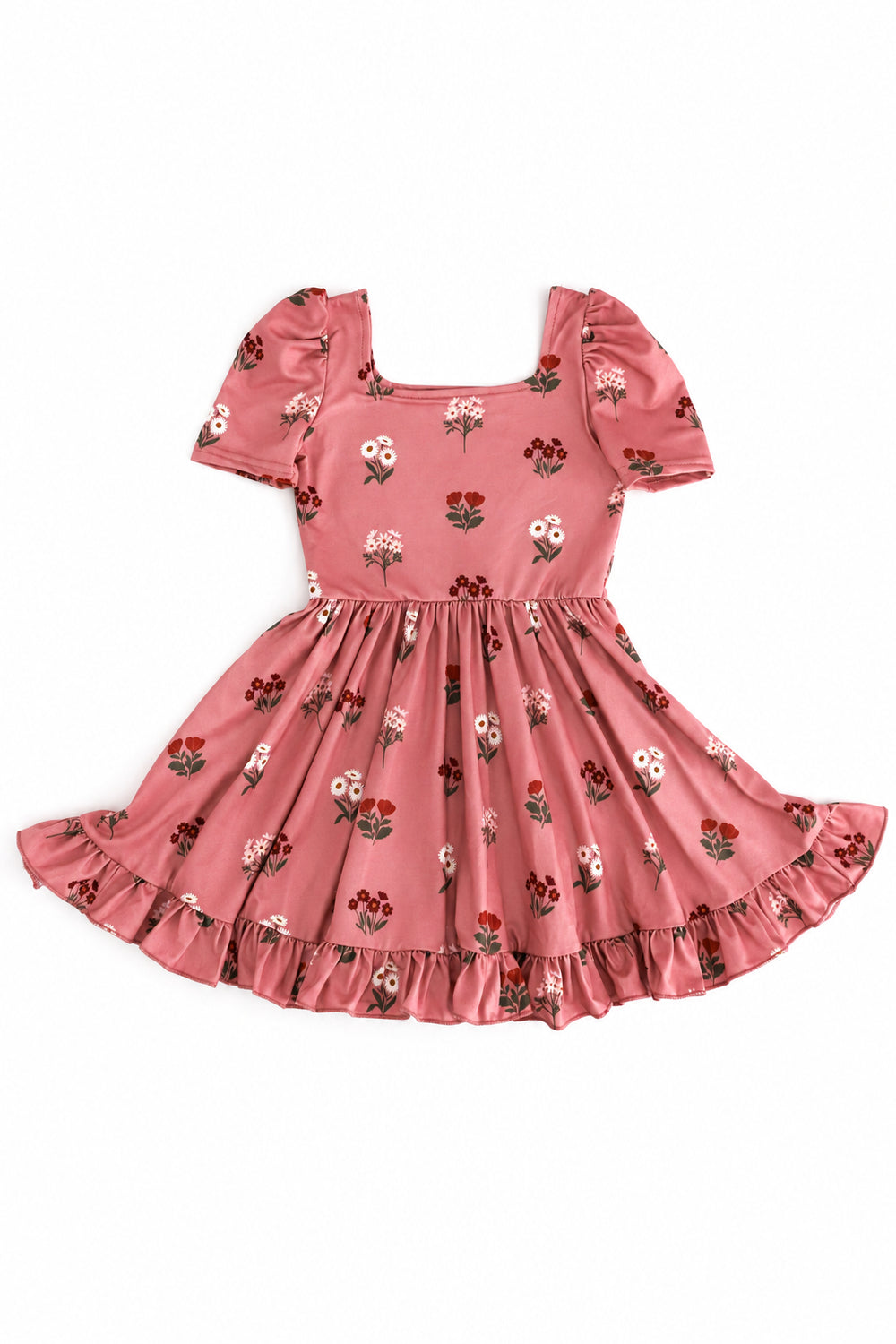 girls mauve square neck, short sleeve twirl dress with fall floral print