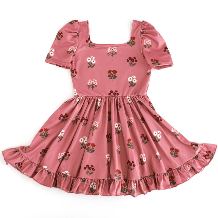 girls mauve square neck, short sleeve twirl dress with fall floral print