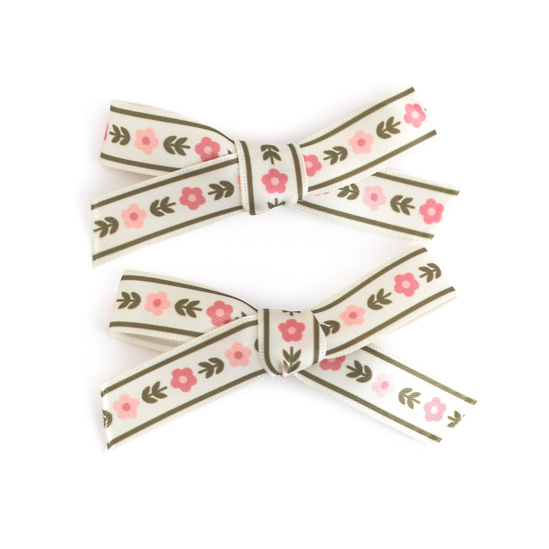 girls cream pigtail ribbon bows on alligator clip with pink and olive Posie print