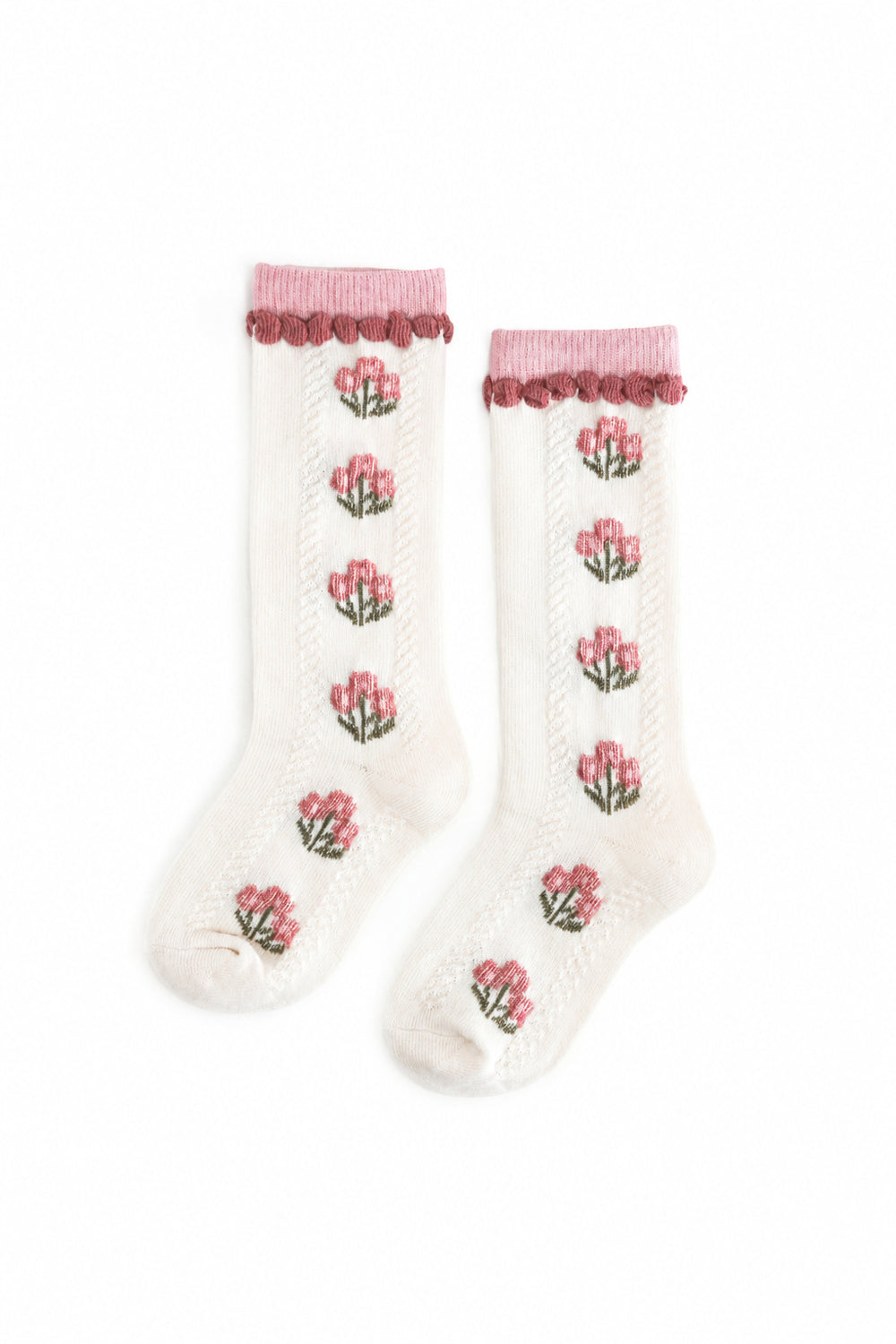 girls cream knee socks with rosey fall pink floral design and matching trim