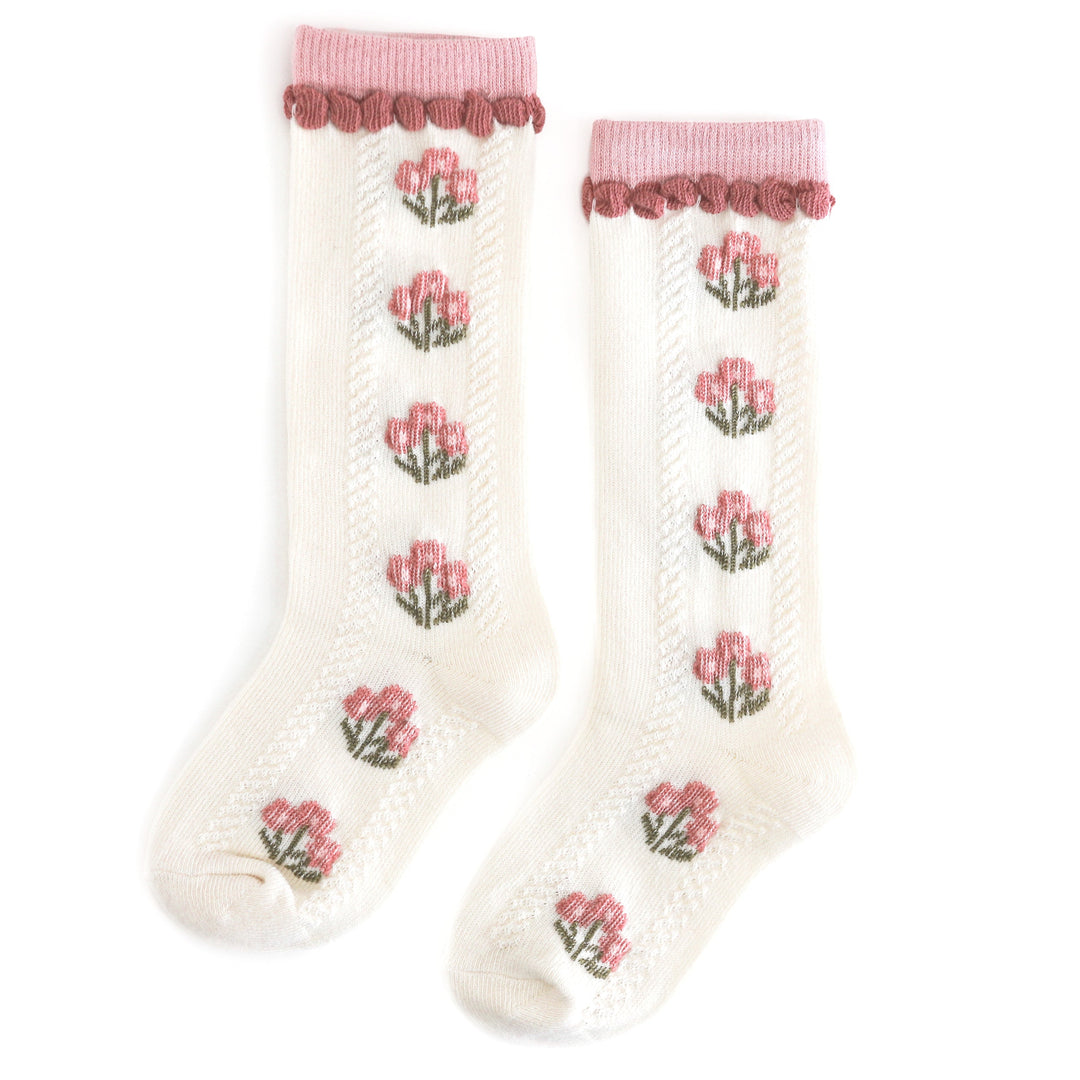 girls cream knee socks with rosey fall pink floral design and matching trim