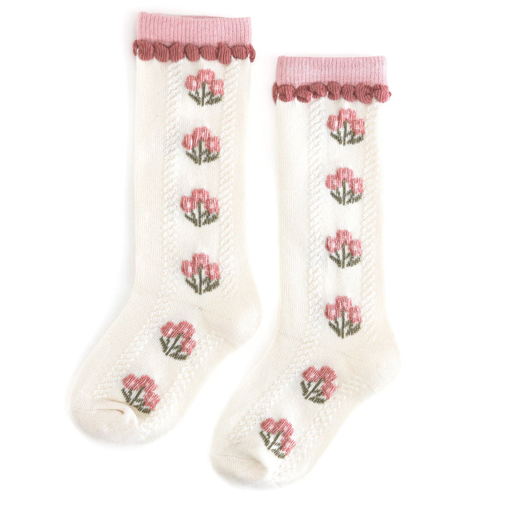 girls cream knee socks with rosey fall pink floral design and matching trim