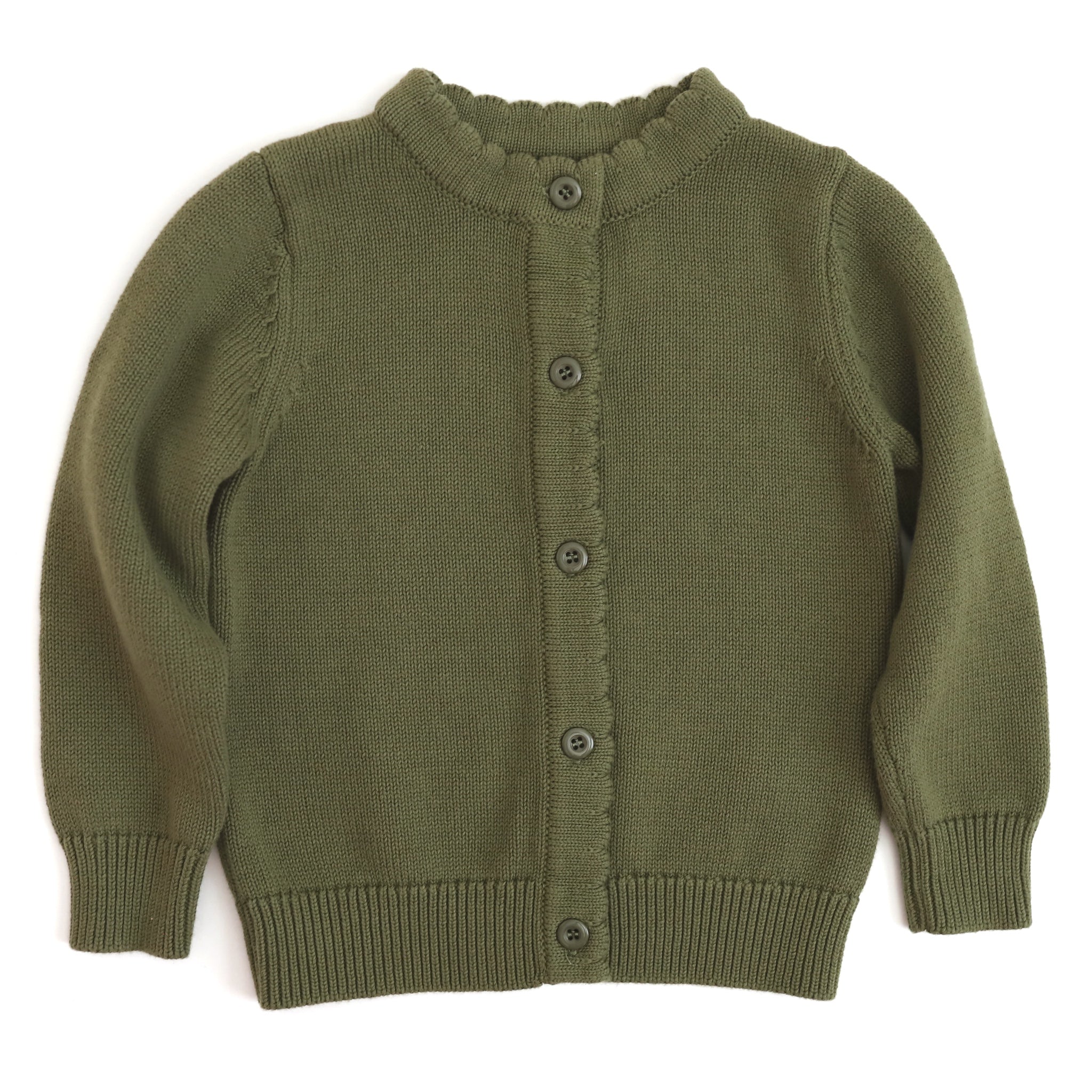 girls' cotton cardigan sweater with scalloped detail in olive green