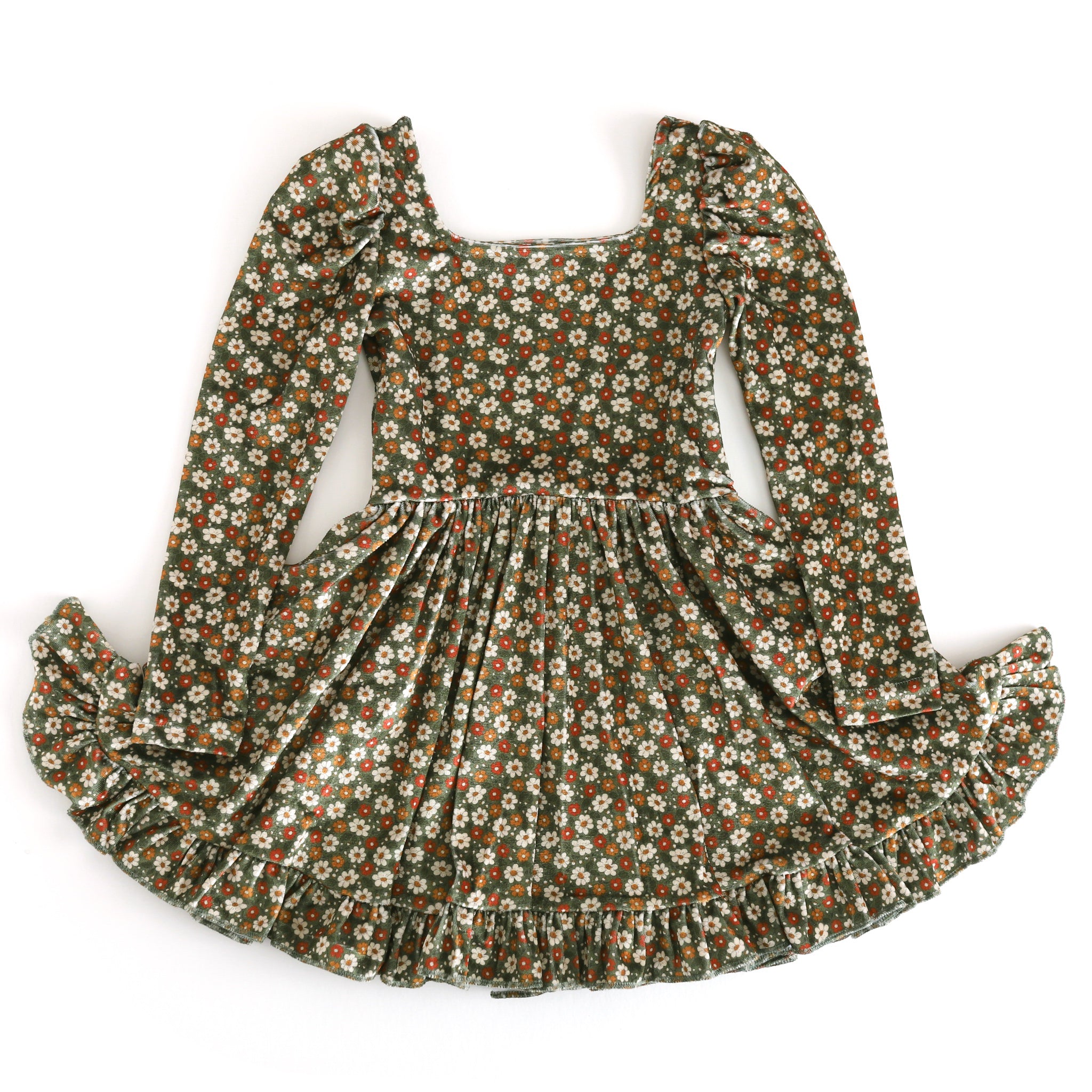 olive green base fall floral velvet twirl dress for girls