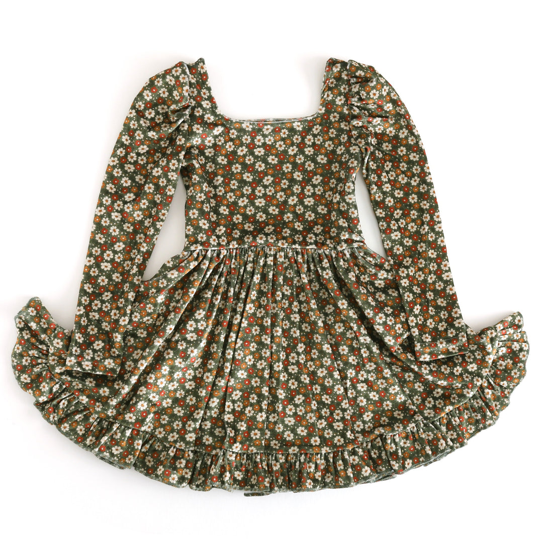 olive green base fall floral velvet twirl dress for girls