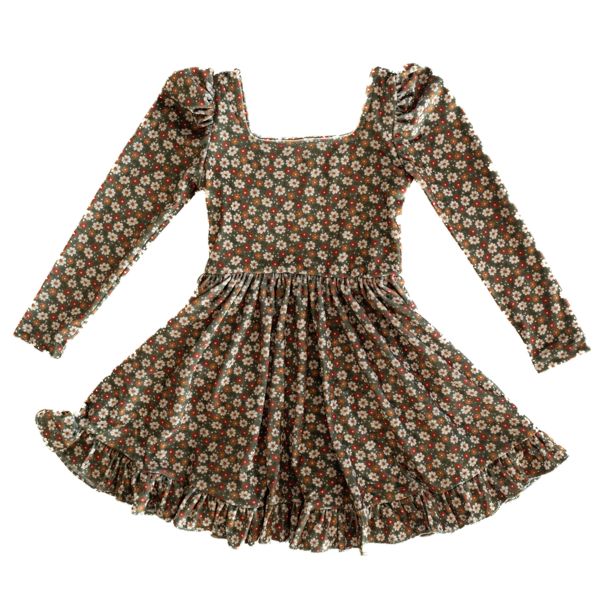 olive green base fall floral velvet twirl dress for girls