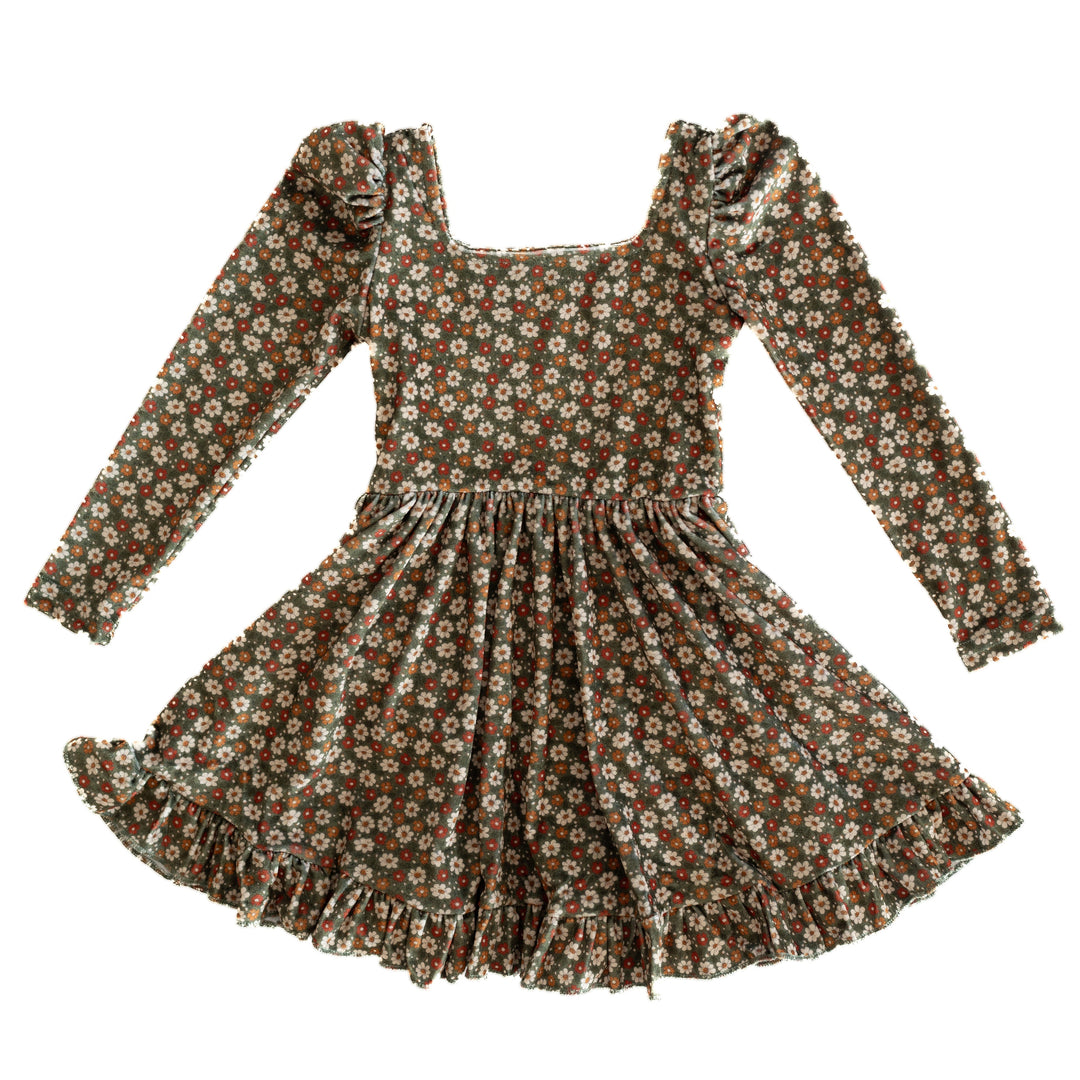 olive green base fall floral velvet twirl dress for girls