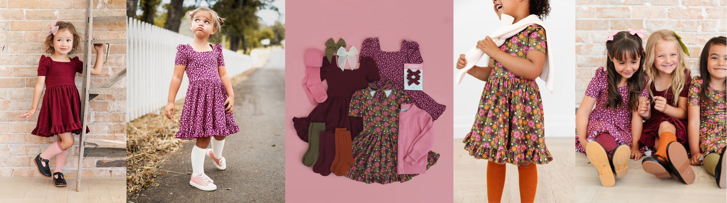 collage of little girls outfits with olive green, burgundy and orange fall floral dresses