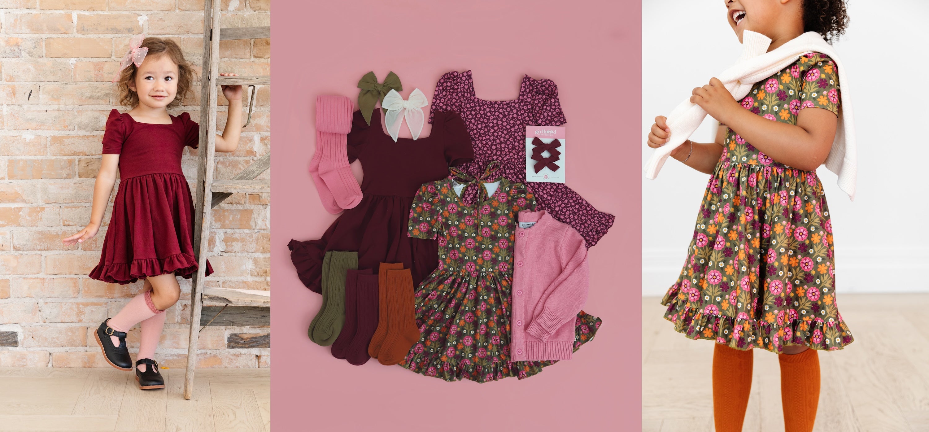 collage of little girls outfits with olive green, burgundy and orange fall floral dresses