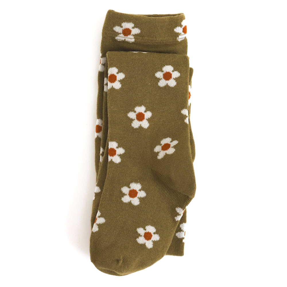 girls fall floral tights with olive background and ivory flowers