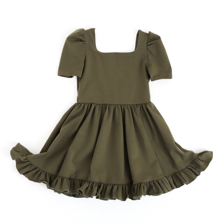 girls' cotton square neck mod twirl dress in olive green