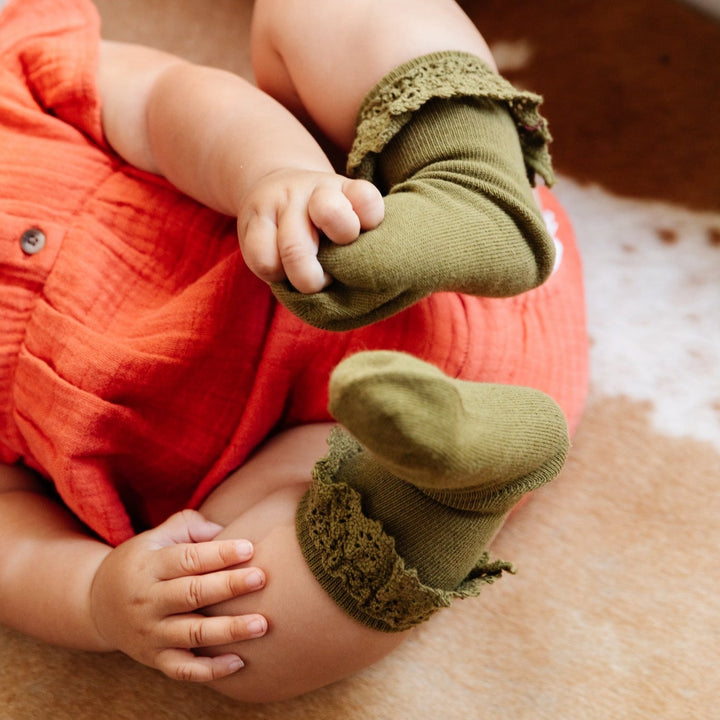 olive lace ruffle socks on baby girl