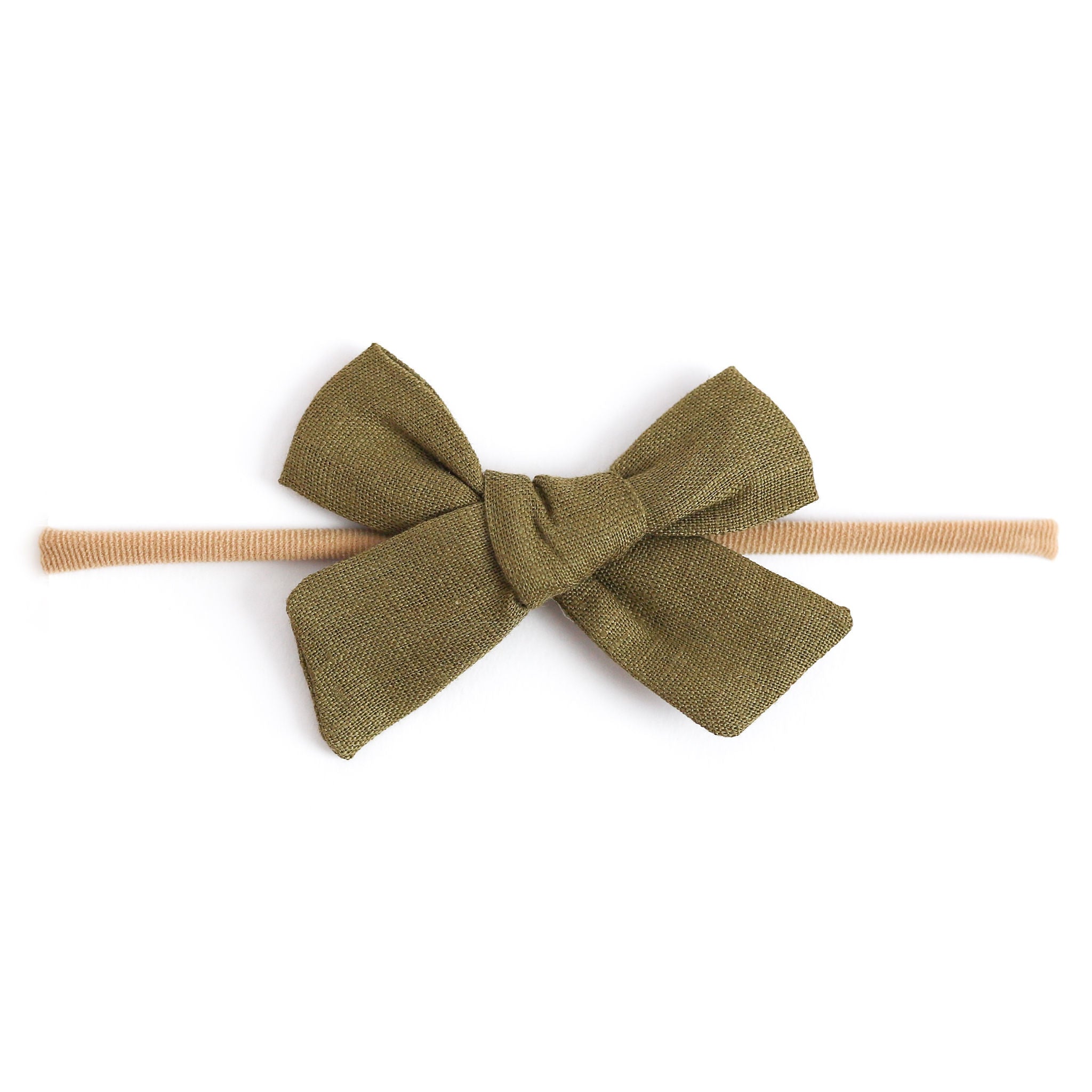 olive green linen baby bow on nylon headband