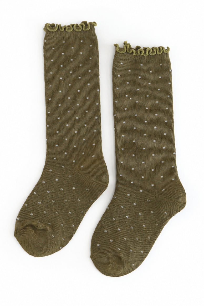 girls' olive green knee socks with ivory dot pattern and lettuce trim